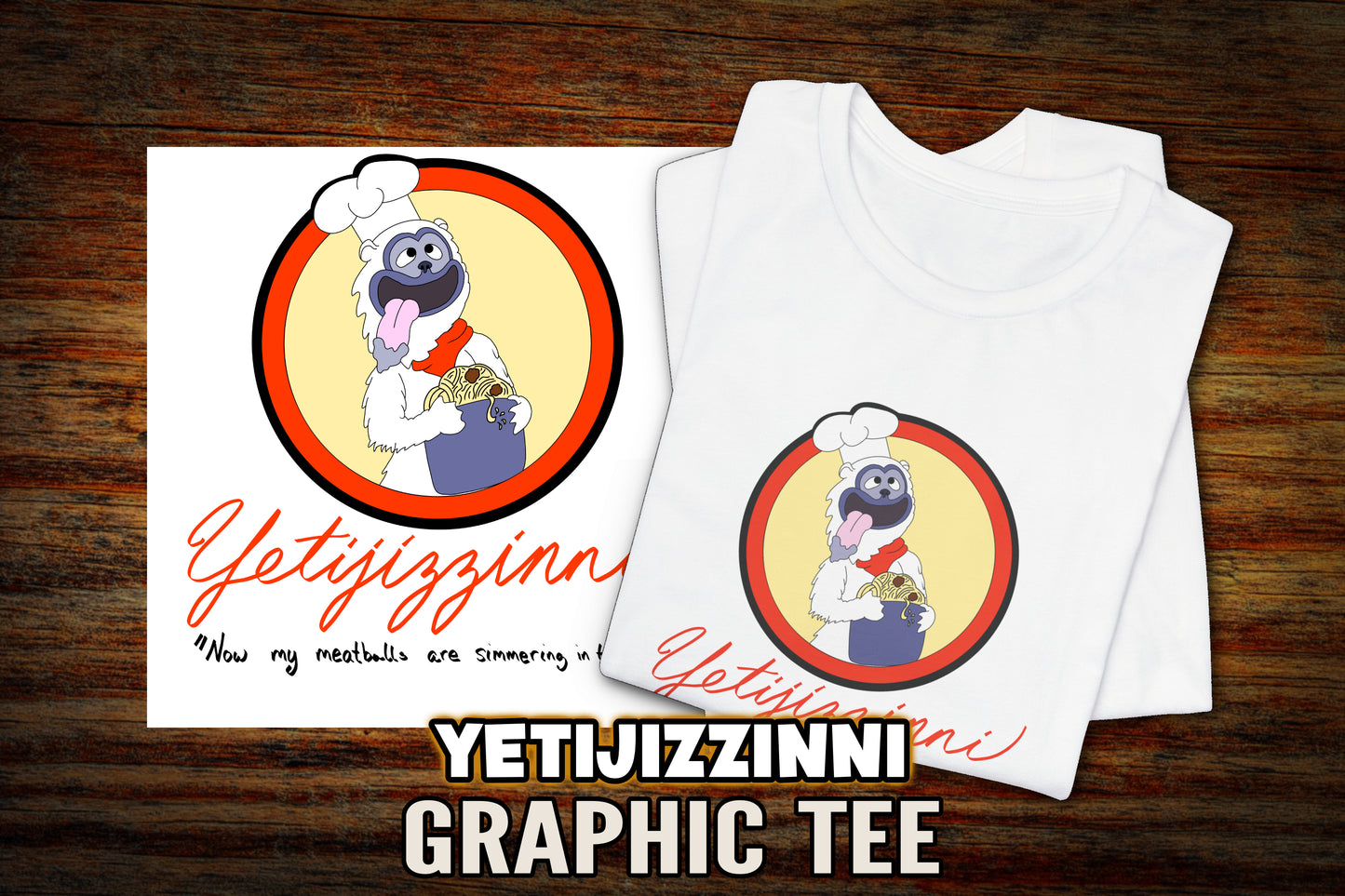 "Yetijizzini" Canned Spaghetti Mascot Graphic T-Shirt